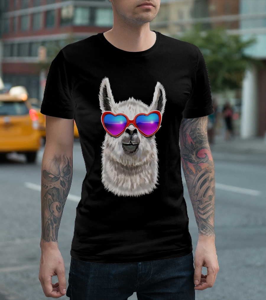 Llama Lover Valentine's Day Heart Sunglasses T-Shirt