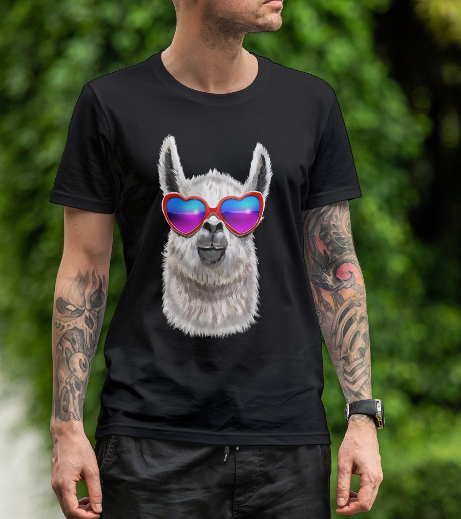 Llama Lover Valentine's Day Heart Sunglasses T-Shirt