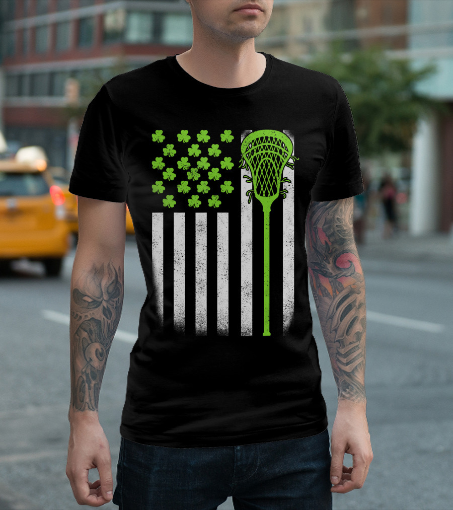 St Patricks Day Shamrock Lacrosse Stick USA Flag T-Shirt