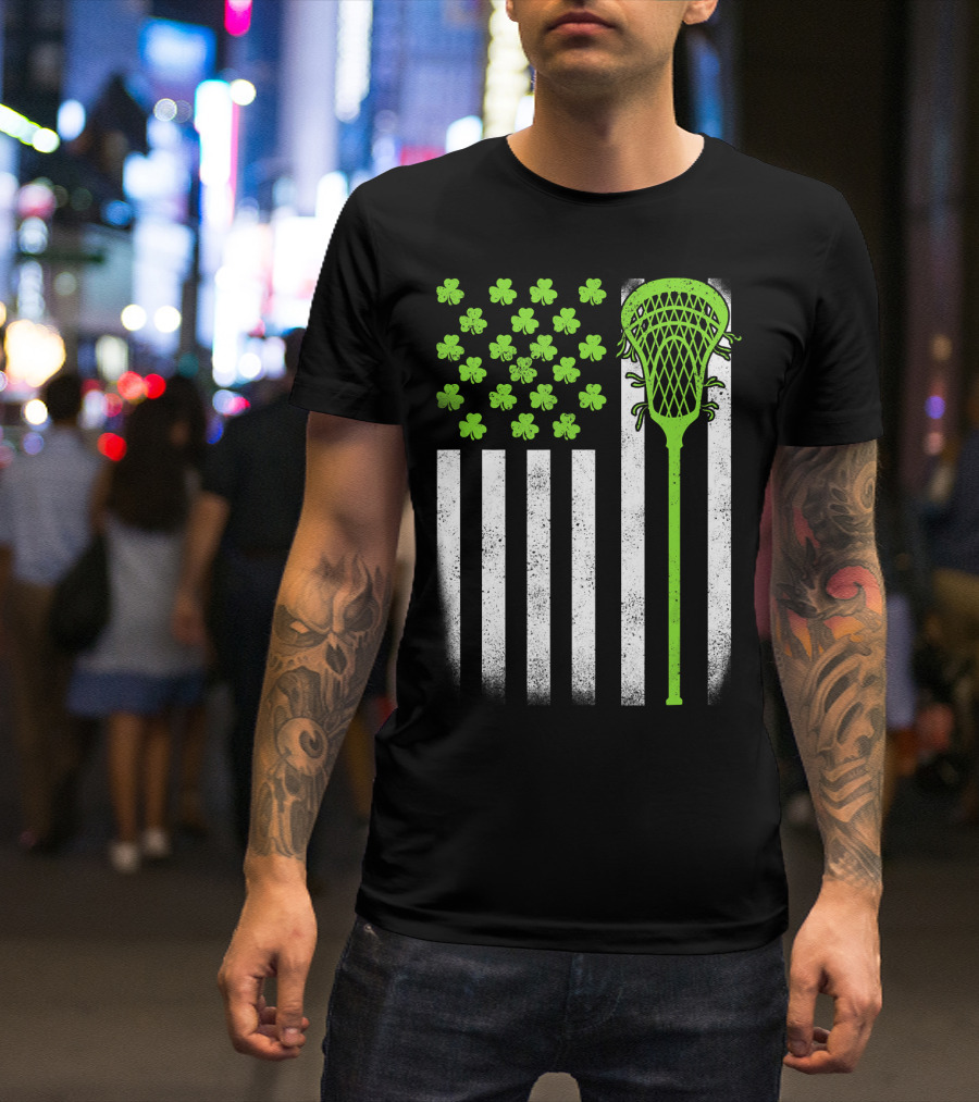 St Patricks Day Shamrock Lacrosse Stick USA Flag T-Shirt