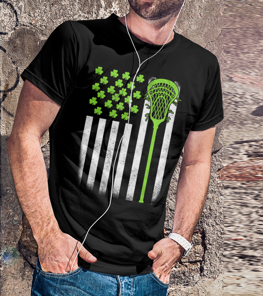 St Patricks Day Shamrock Lacrosse Stick USA Flag T-Shirt