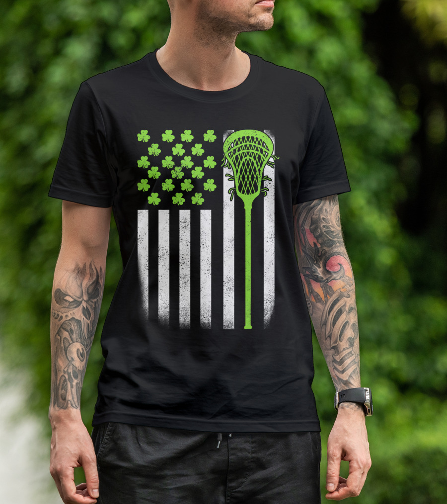 St Patricks Day Shamrock Lacrosse Stick USA Flag T-Shirt