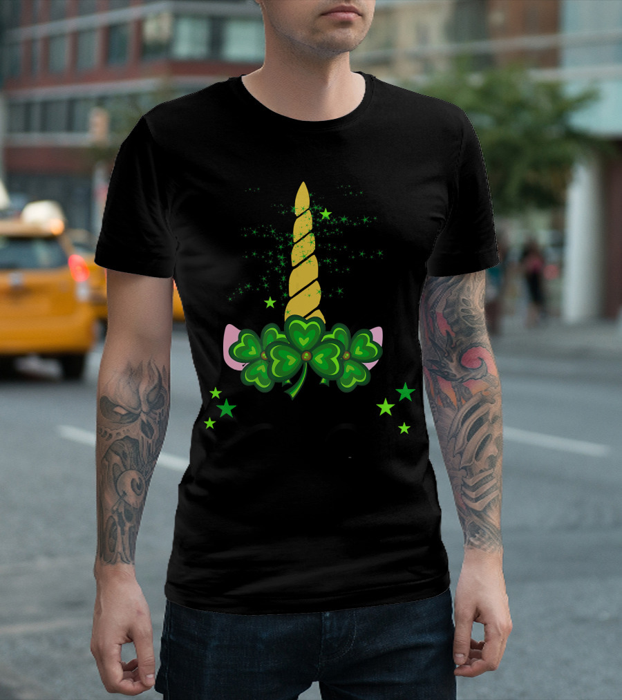 St. Patrick's Day Irish Unicorn Face Shamrock Clover Horn With Stars T-Shirt