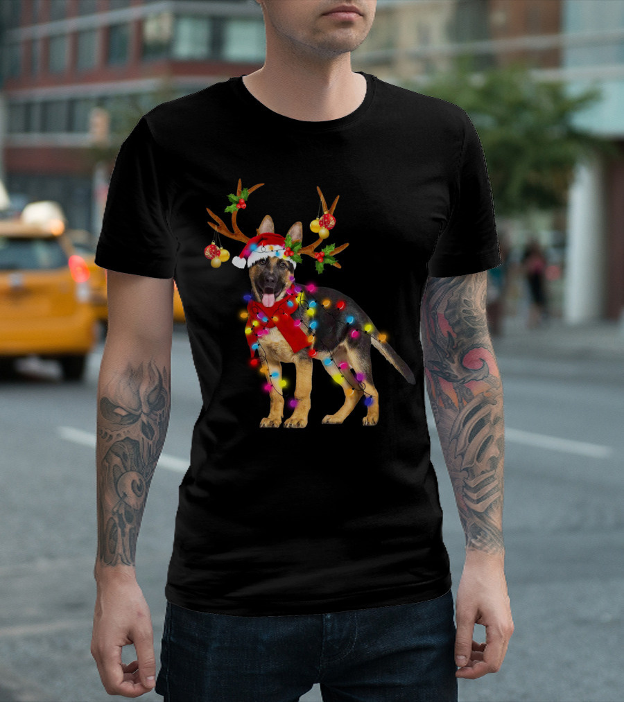 German Shepherd Christmas Reindeer Antlers Santa Hat Festive Lights T-Shirt
