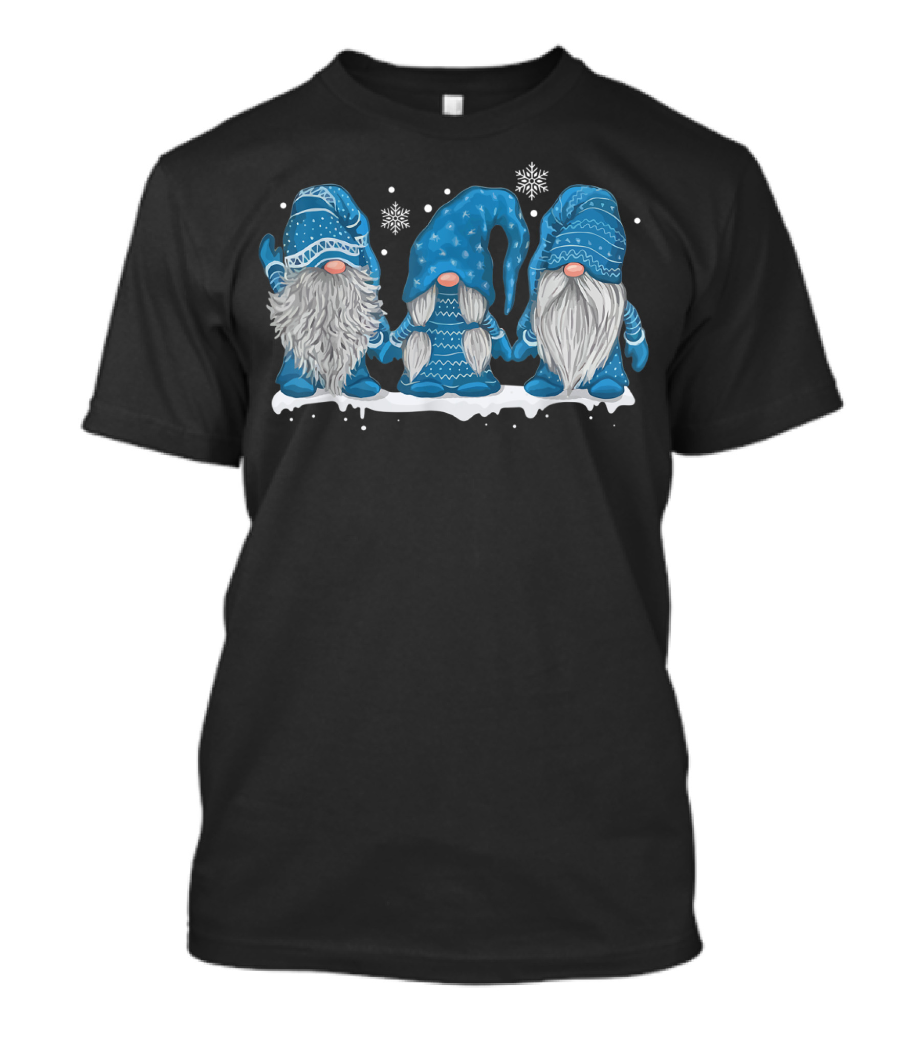 Whimsical Winter Trio Of Blue Gnomes In Snowflakes T-Shirt