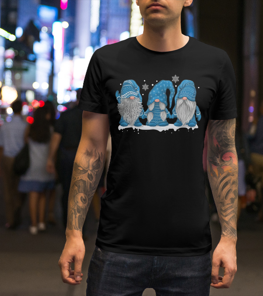 Whimsical Winter Trio Of Blue Gnomes In Snowflakes T-Shirt