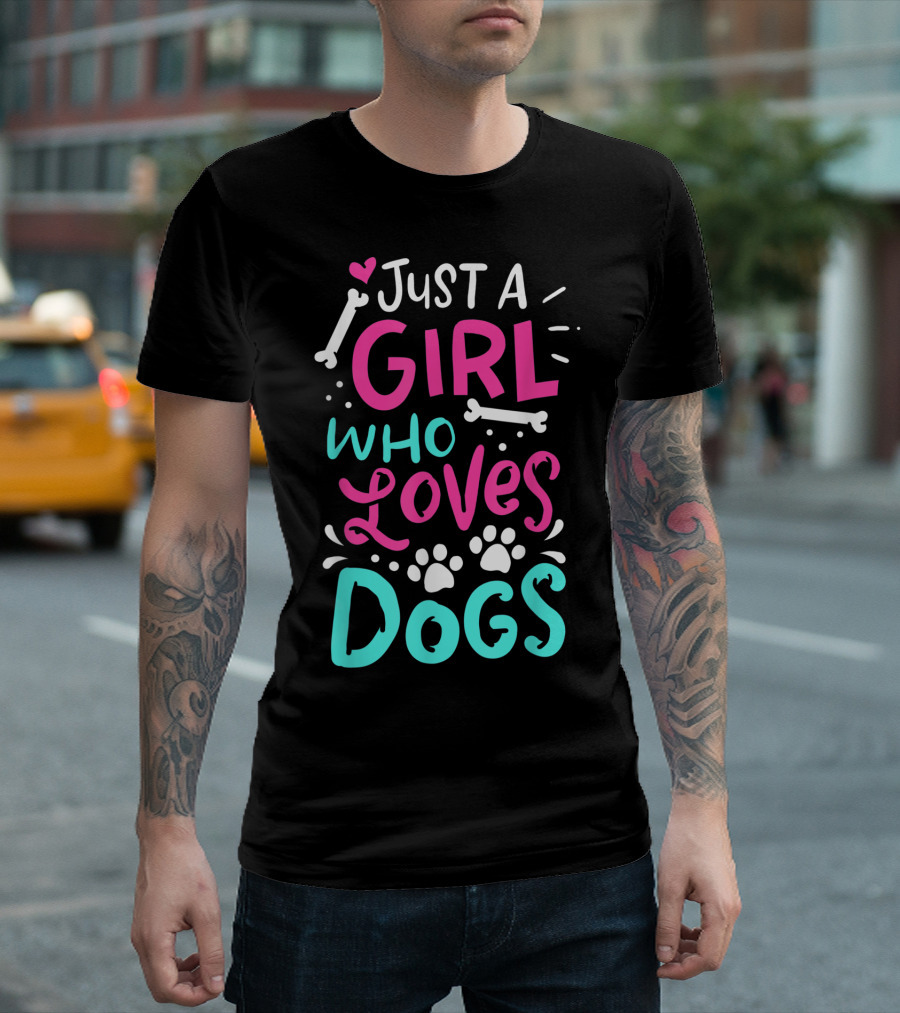 Just A Girl Who Loves Dogs Funny Dog Lover Bones Paw Prints T-Shirt