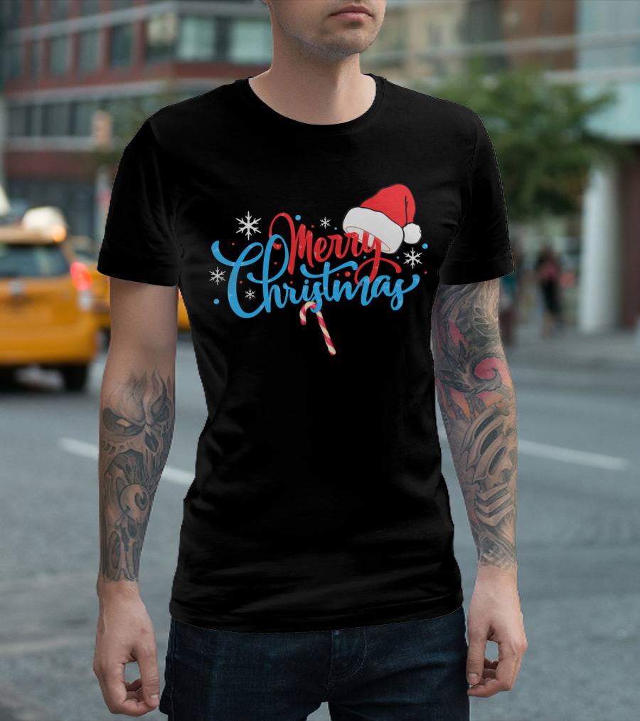 Merry Christmas Santa's Hat With Candy Cane Snowflakes T-Shirt
