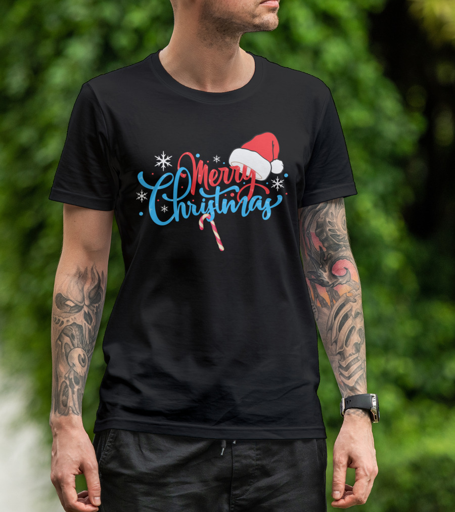Merry Christmas Santa's Hat With Candy Cane Snowflakes T-Shirt