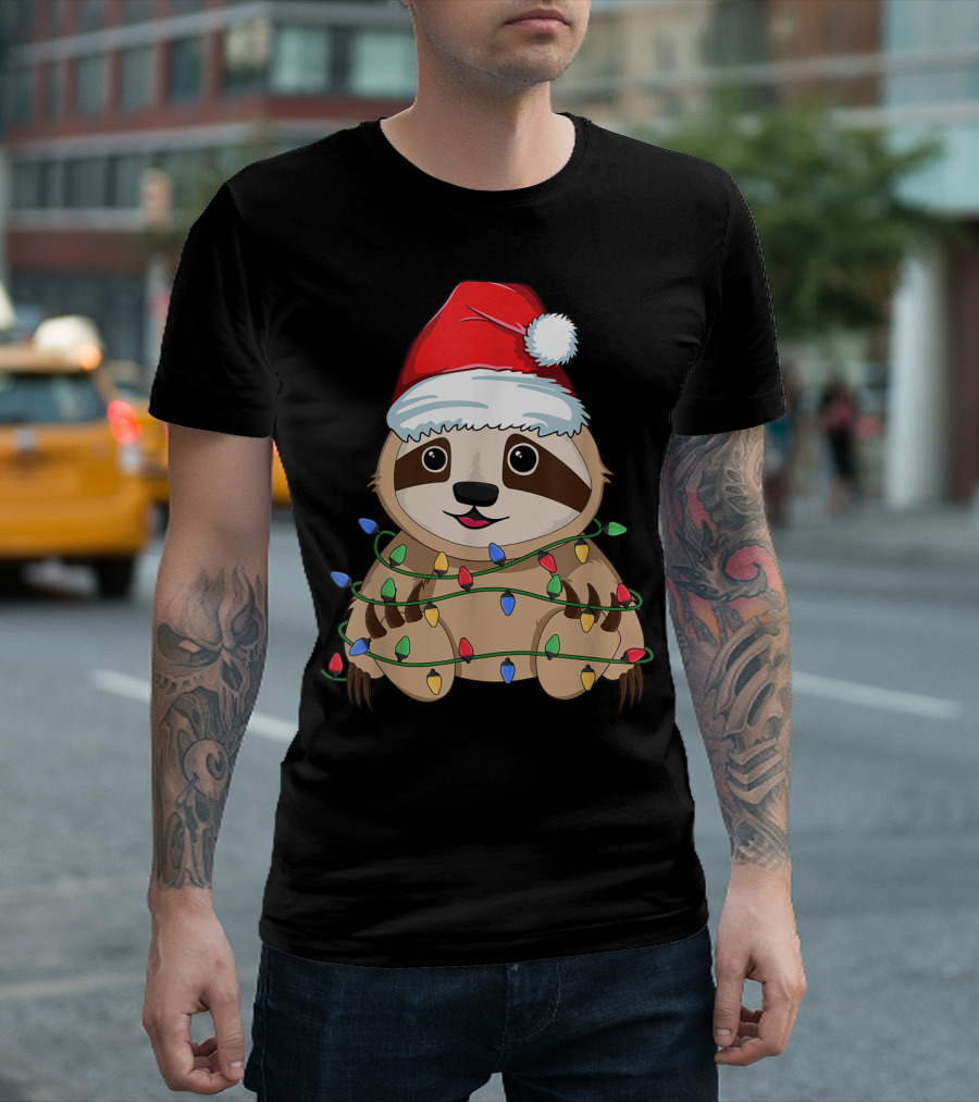 Sloth Wrapped in Christmas Lights Wearing Santa Hat for Kids Xmas T-Shirt