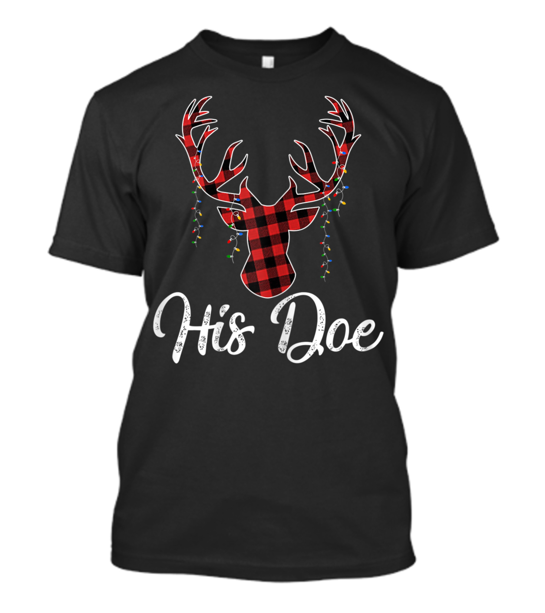 His Doe Couples Matching Christmas Paj Buffalo Plaid Reindeer Antlers String Lights T-Shirt