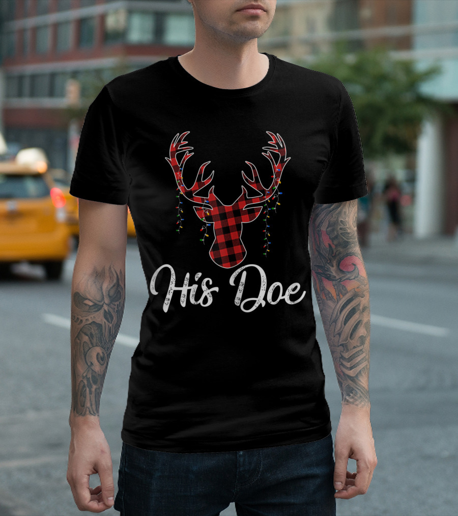 His Doe Couples Matching Christmas Paj Buffalo Plaid Reindeer Antlers String Lights T-Shirt