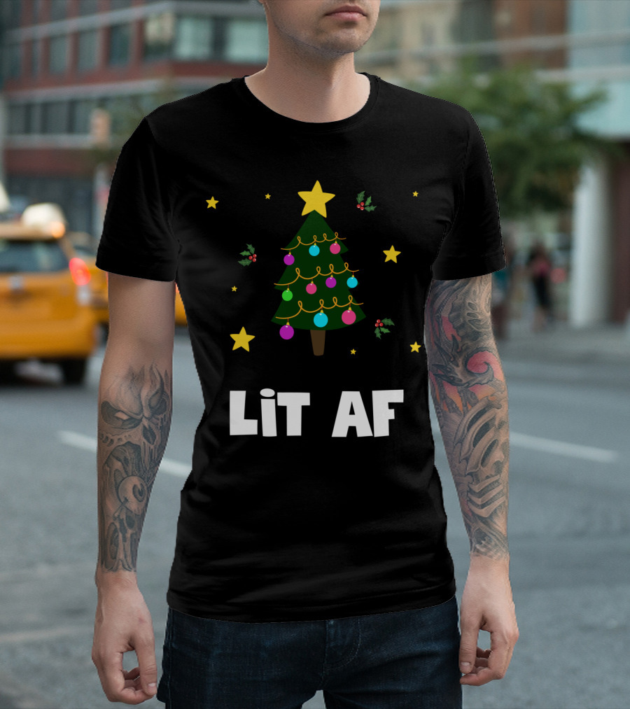 Lit AF Christmas Tree Funny Drinking Holiday Festive Stars and Holly T-Shirt