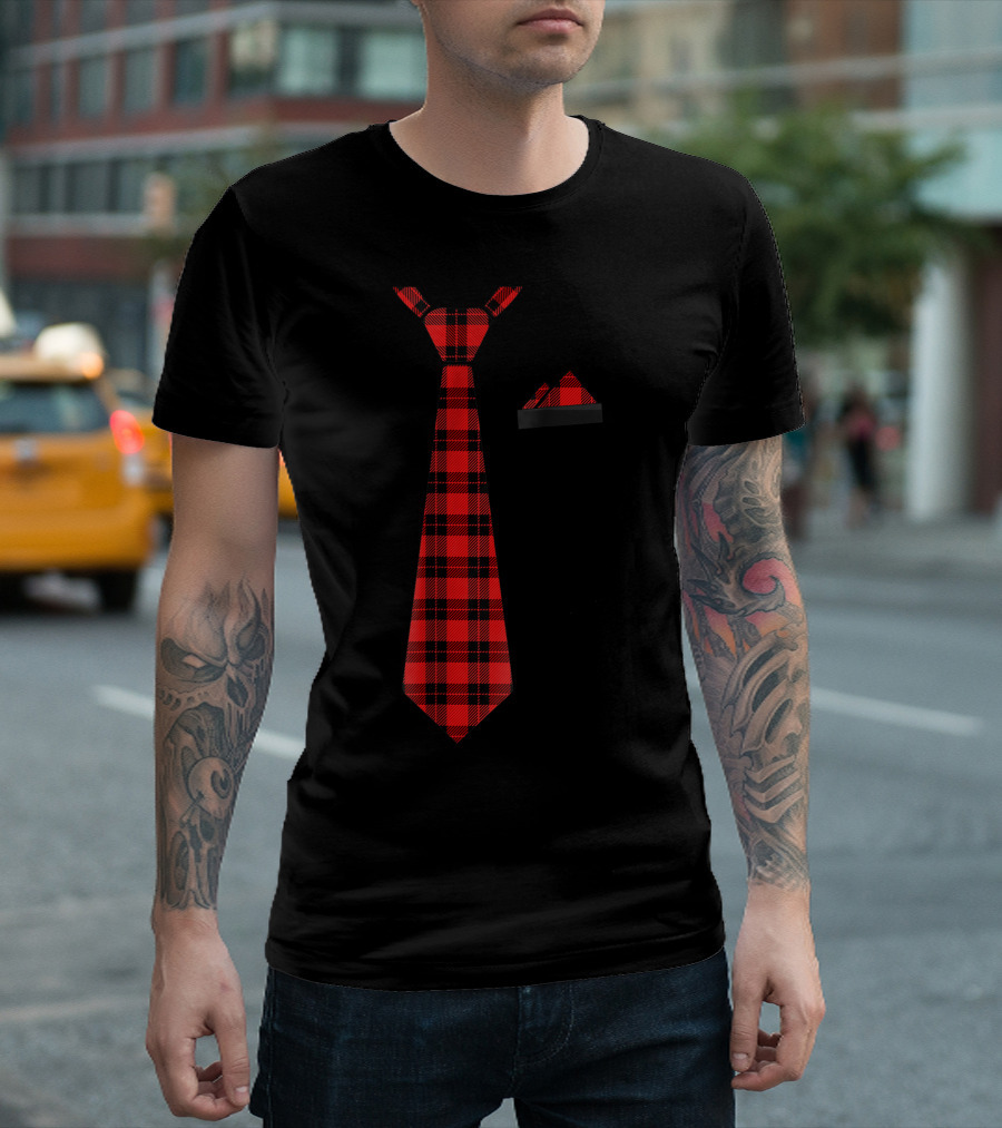 Plaid Tie Holiday Christmas Red Black Checkered Breast Pocket T-Shirt