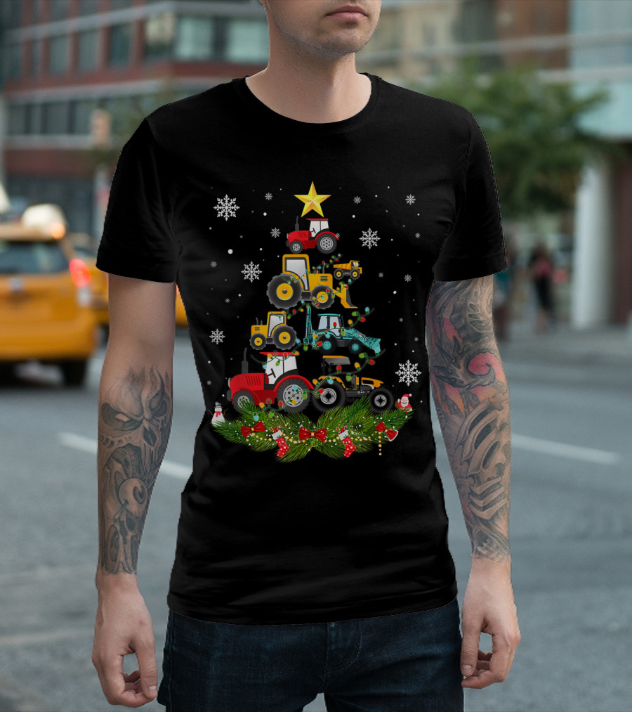 Holiday Tractor Christmas Tree with Snowflakes and Star T-Shirt