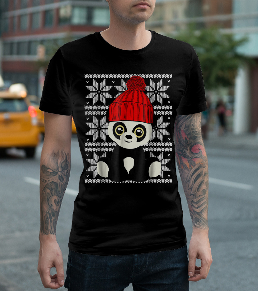 Ugly Christmas Panda Bear Snowflake Pattern Red Knit Hat T-Shirt
