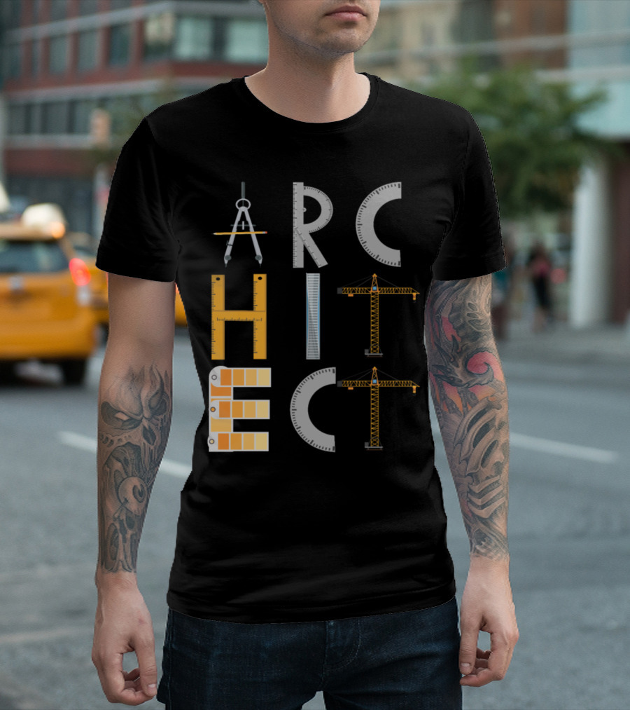 Architect Symbols Tools And Crane Blueprint For Architecture Students T-Shirt