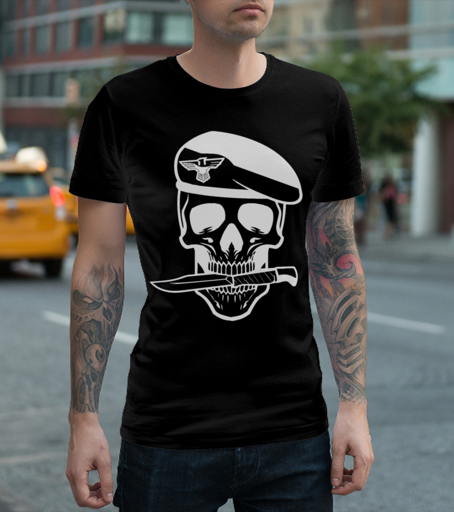 Army Soldier Skull Knife Beret Veteran Tattoo T-Shirt