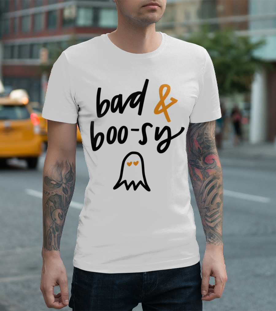 Bad And Boo-sy Ghost With Heart Eyes Orange Accent Text T-Shirt