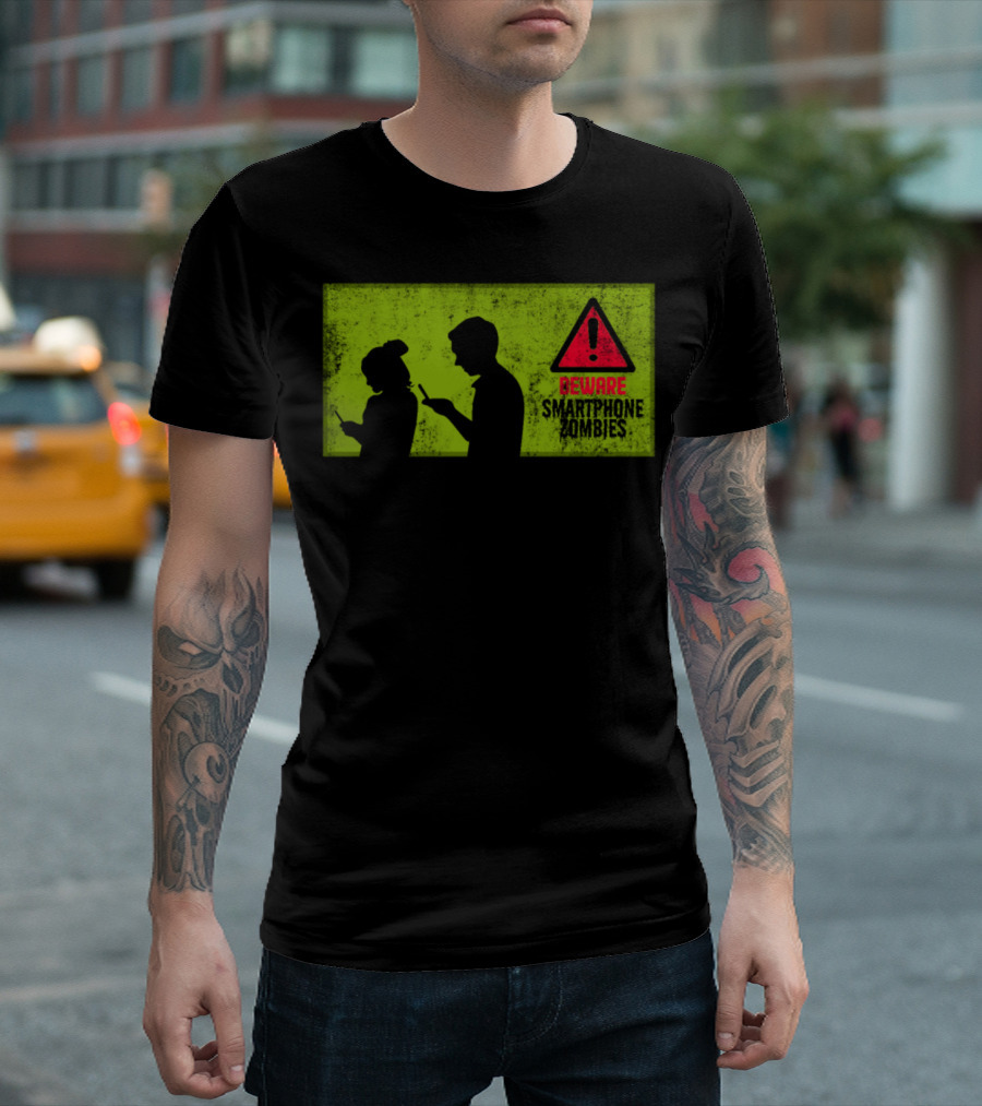 Beware Smartphone Zombies Warning Sign Silhouetted Figures T-Shirt