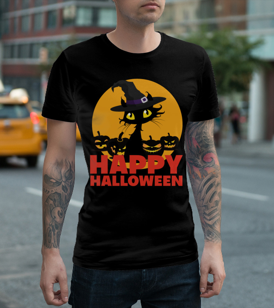 Happy Halloween Black Cat Witch Kitty T-Shirt