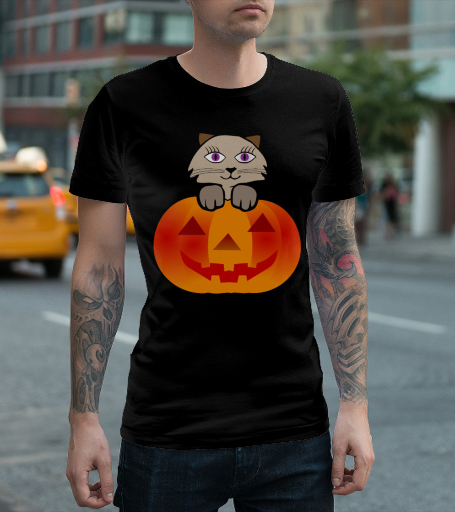 Cat Peeking Over Halloween Jack-O'-Lantern Pumpkin T-Shirt