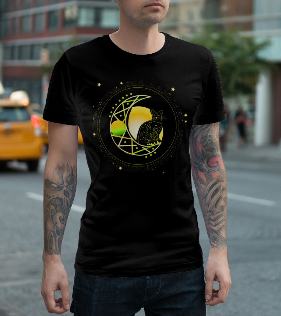 Cat on Geometric Crescent Moon Surrounded by Stars T-Shirt