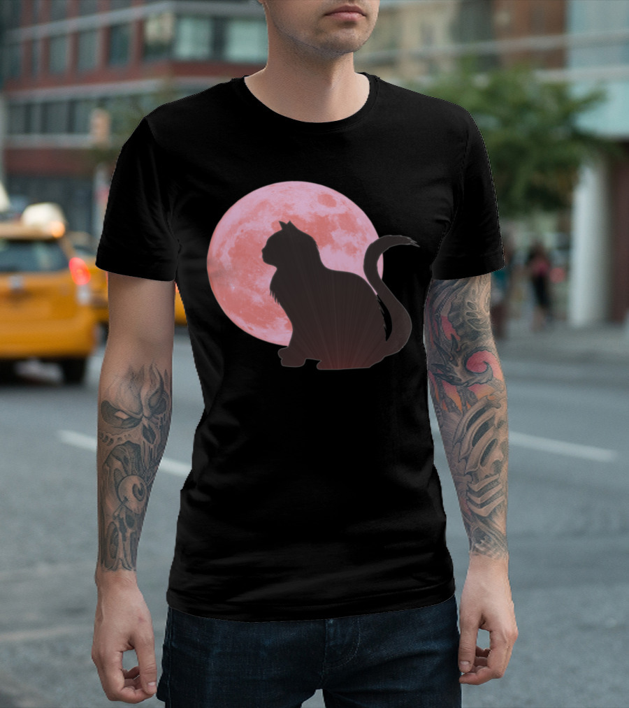 Gothic Cat Silhouette with Red Moon Halloween T-Shirt
