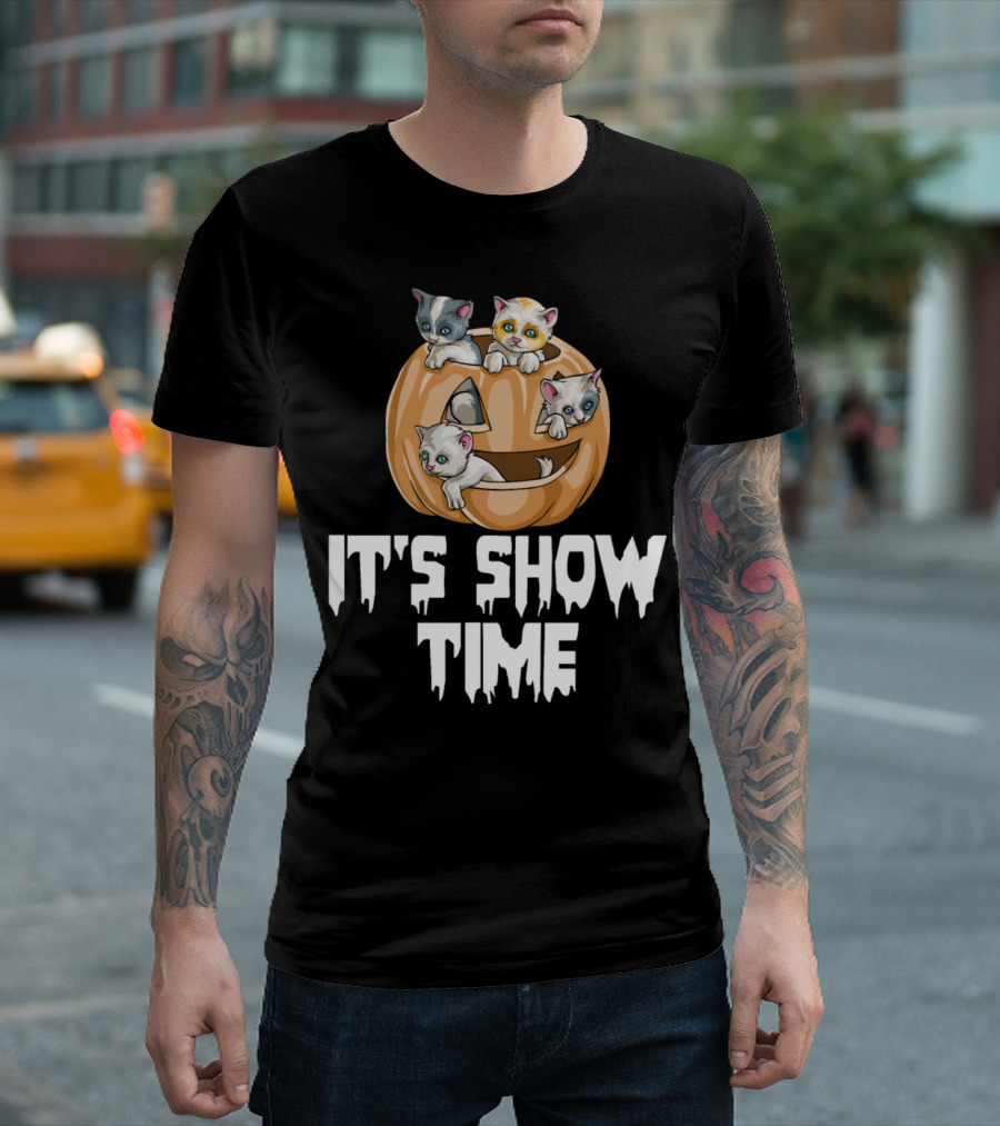 Cats Pumpkin It's Show Time with Kittens in Jack-O'-Lantern T-Shirt