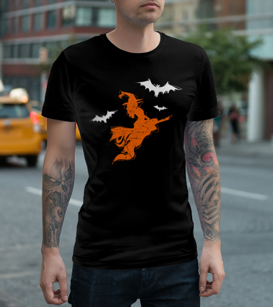 Orange Witch Flying with Bats Halloween Costume Present T-Shirt