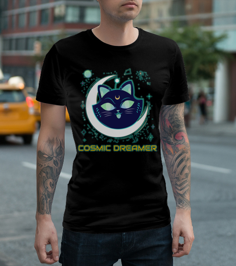 COSMIC DREAMER Cat on Crescent Moon with Stars and Celestial T-Shirt