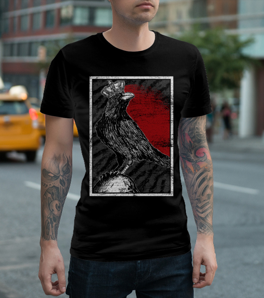 Crow King Regal Bird with Crown on Red T-Shirt
