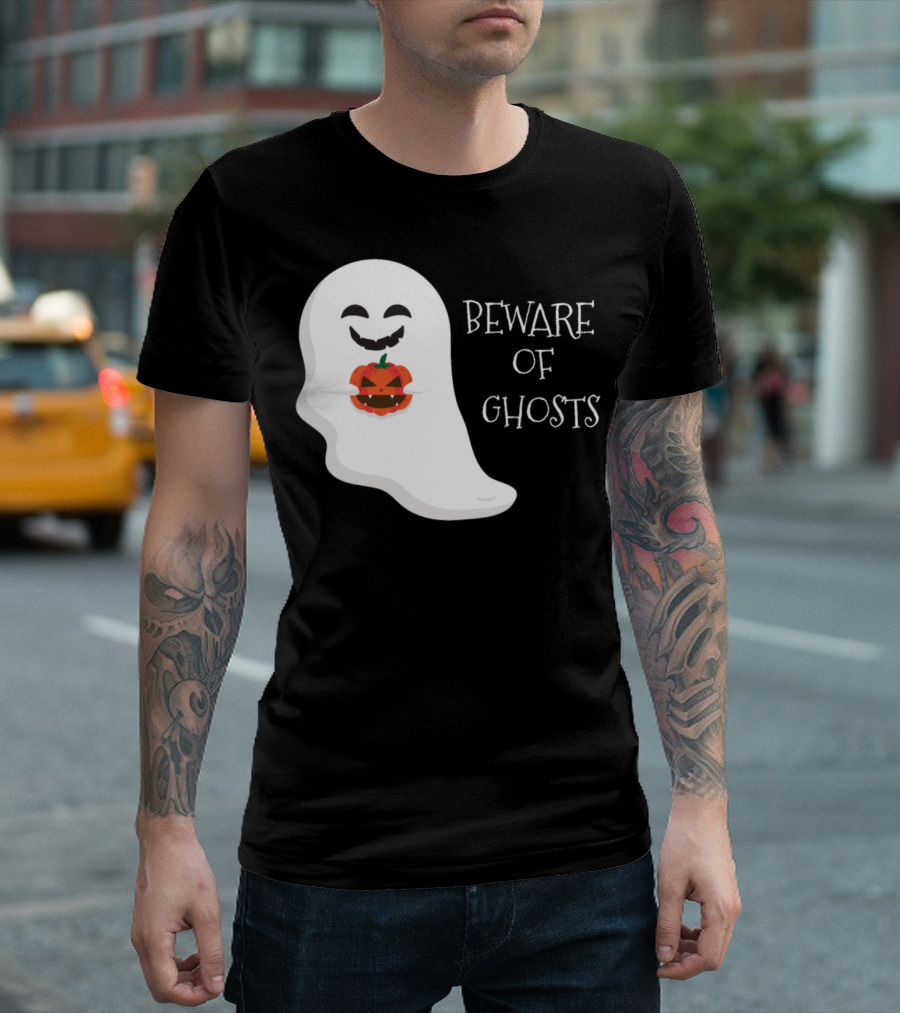 Beware of Ghosts Cute Pumpkin Face Ghost T-Shirt