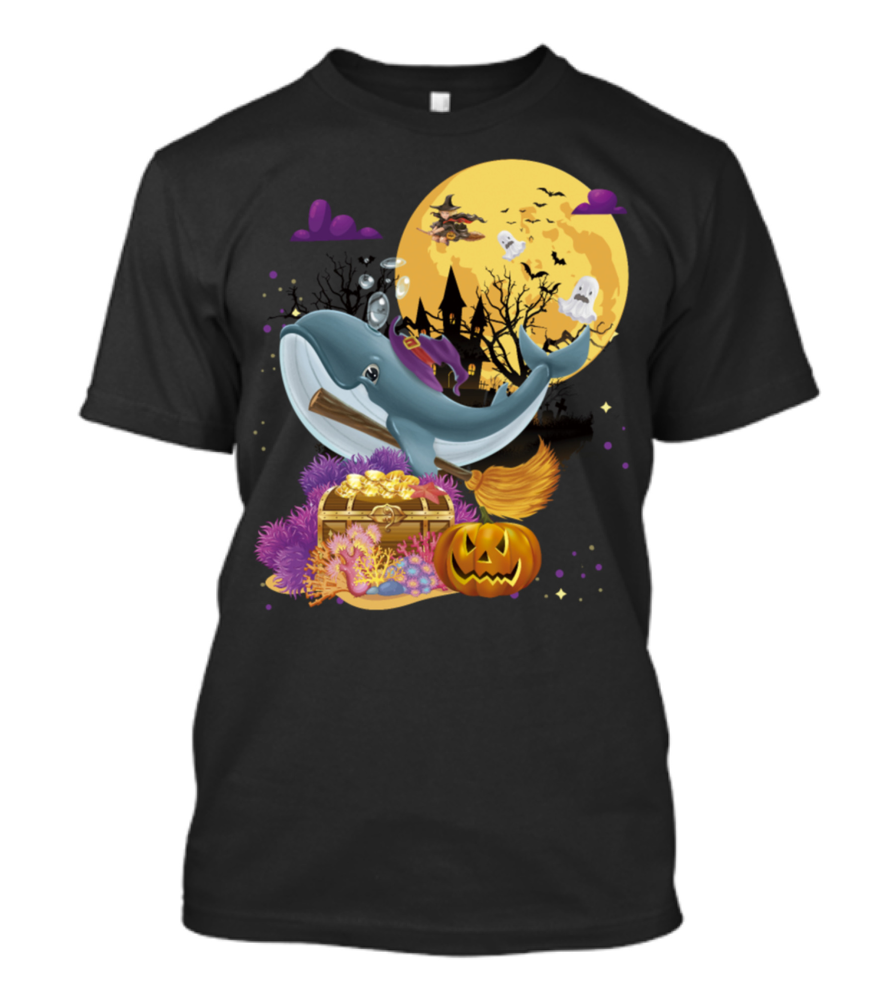 Cute Blue Whale Witch Halloween Broom Night Moon Scene T-Shirt
