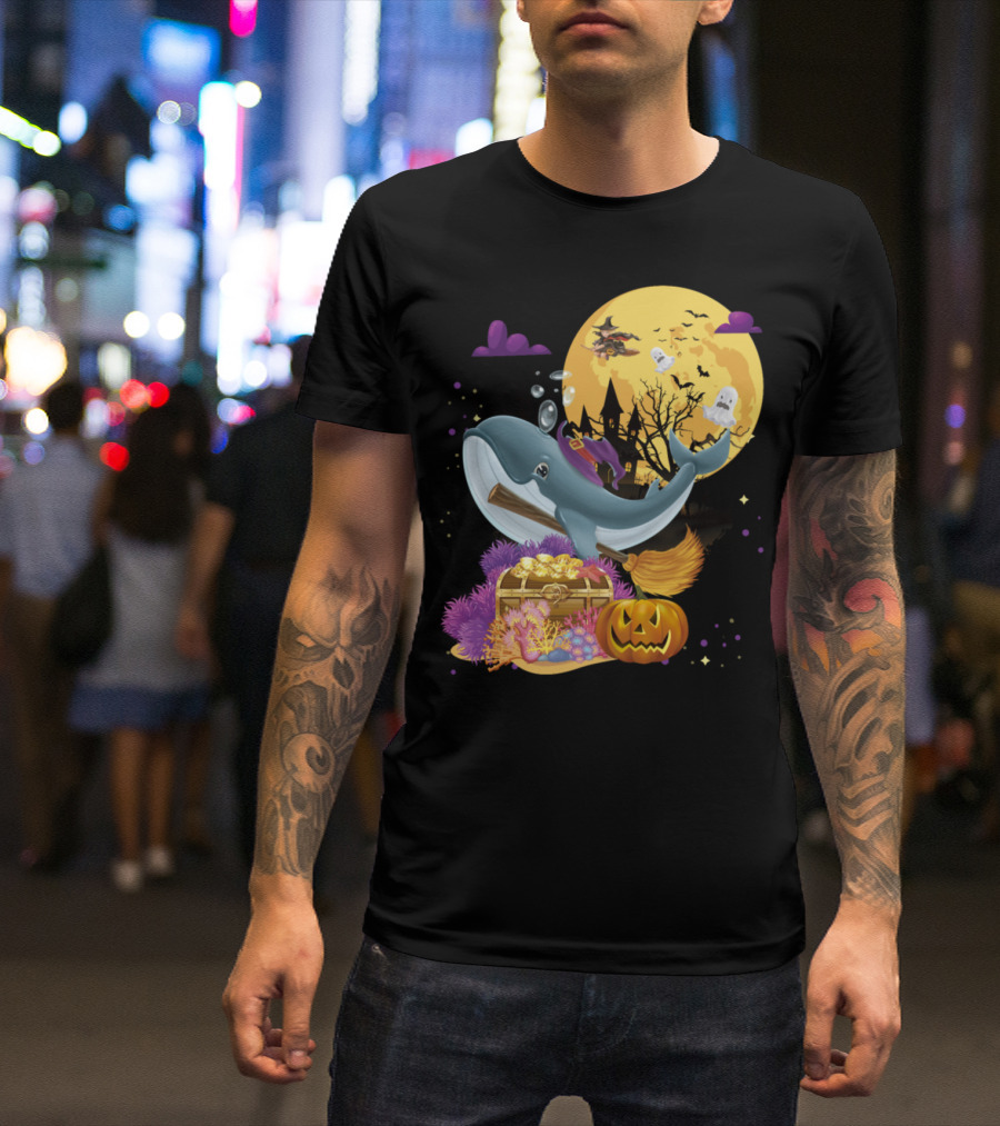 Cute Blue Whale Witch Halloween Broom Night Moon Scene T-Shirt
