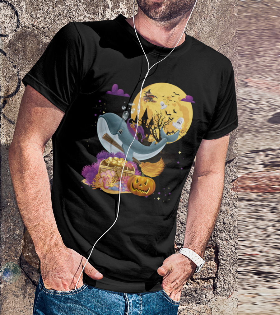Cute Blue Whale Witch Halloween Broom Night Moon Scene T-Shirt