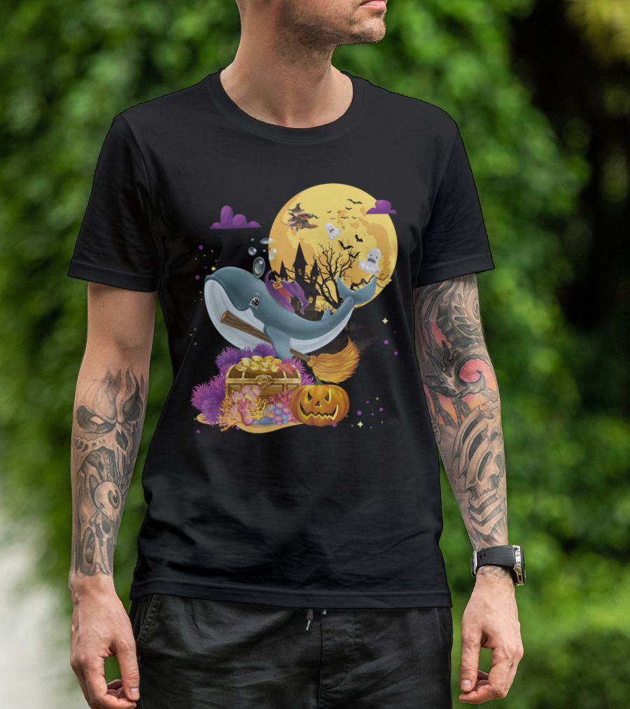 Cute Blue Whale Witch Halloween Broom Night Moon Scene T-Shirt