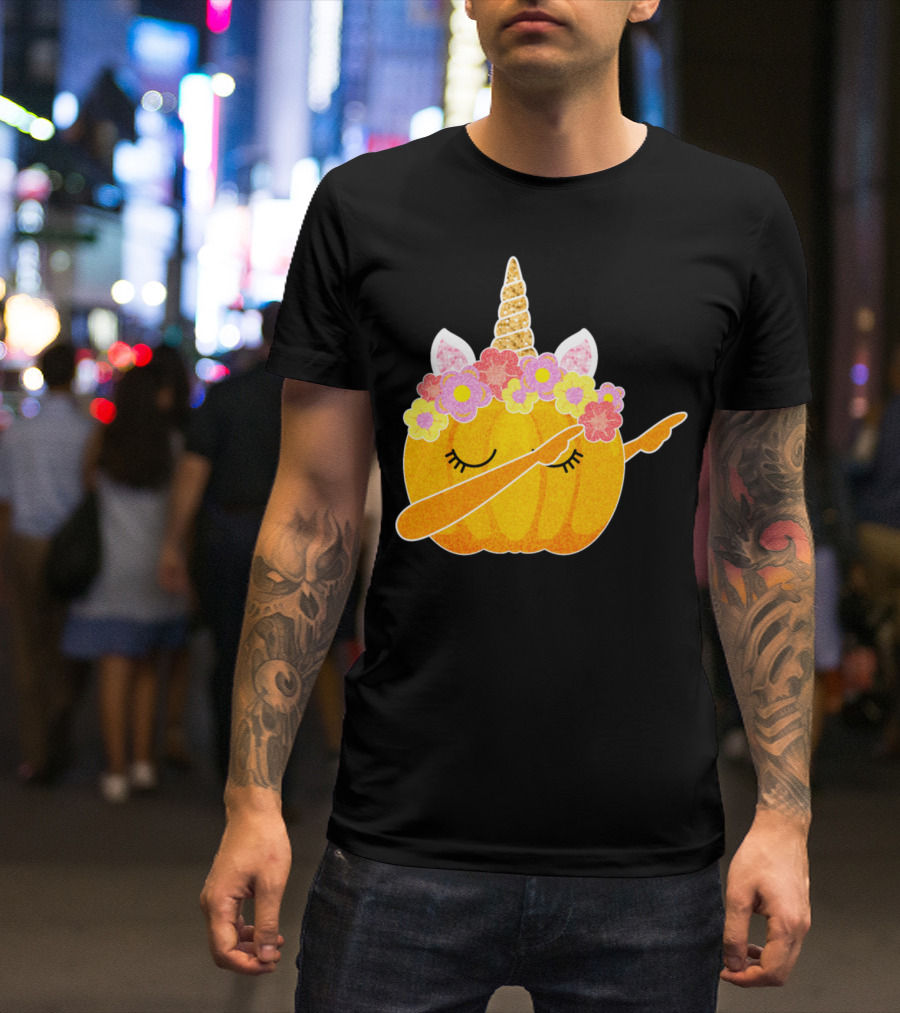 Cute Floral Dabbing Pumpkin Unicorn T-Shirt