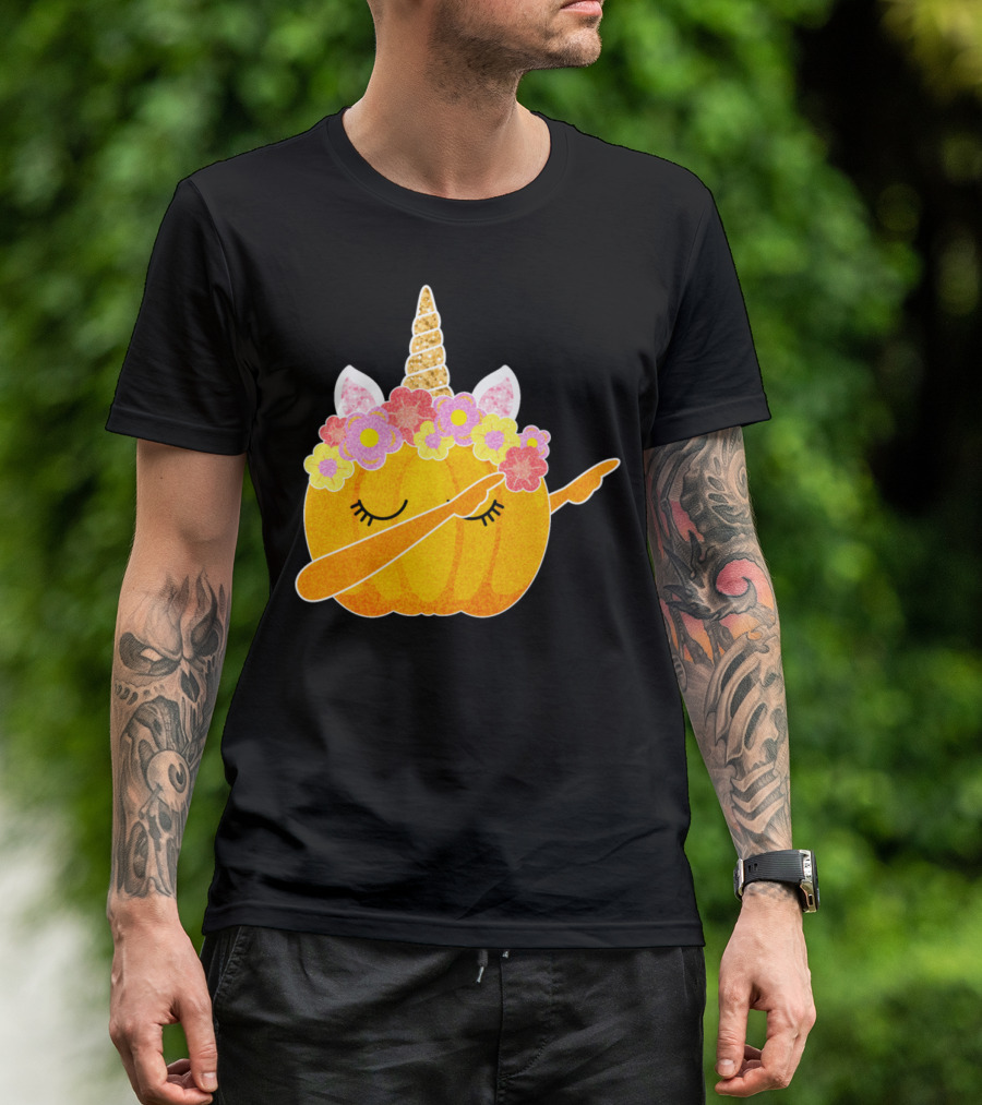 Cute Floral Dabbing Pumpkin Unicorn T-Shirt
