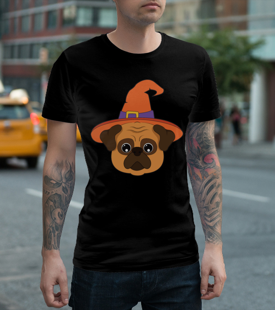 Cute Halloween Pug Dog in Witch Hat T-Shirt
