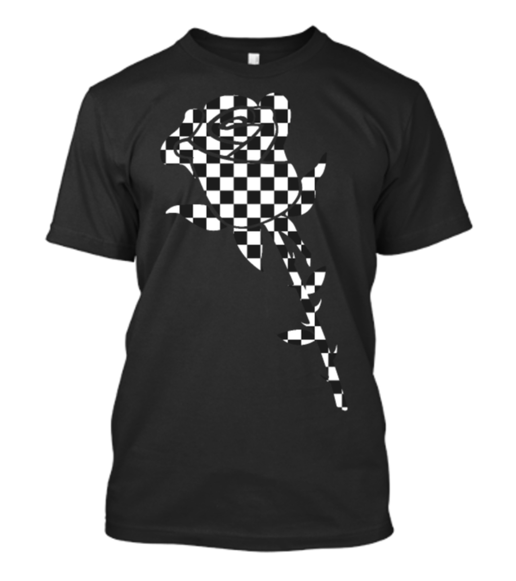Checkered Plaid Black White Rose Flower Racing T-Shirt