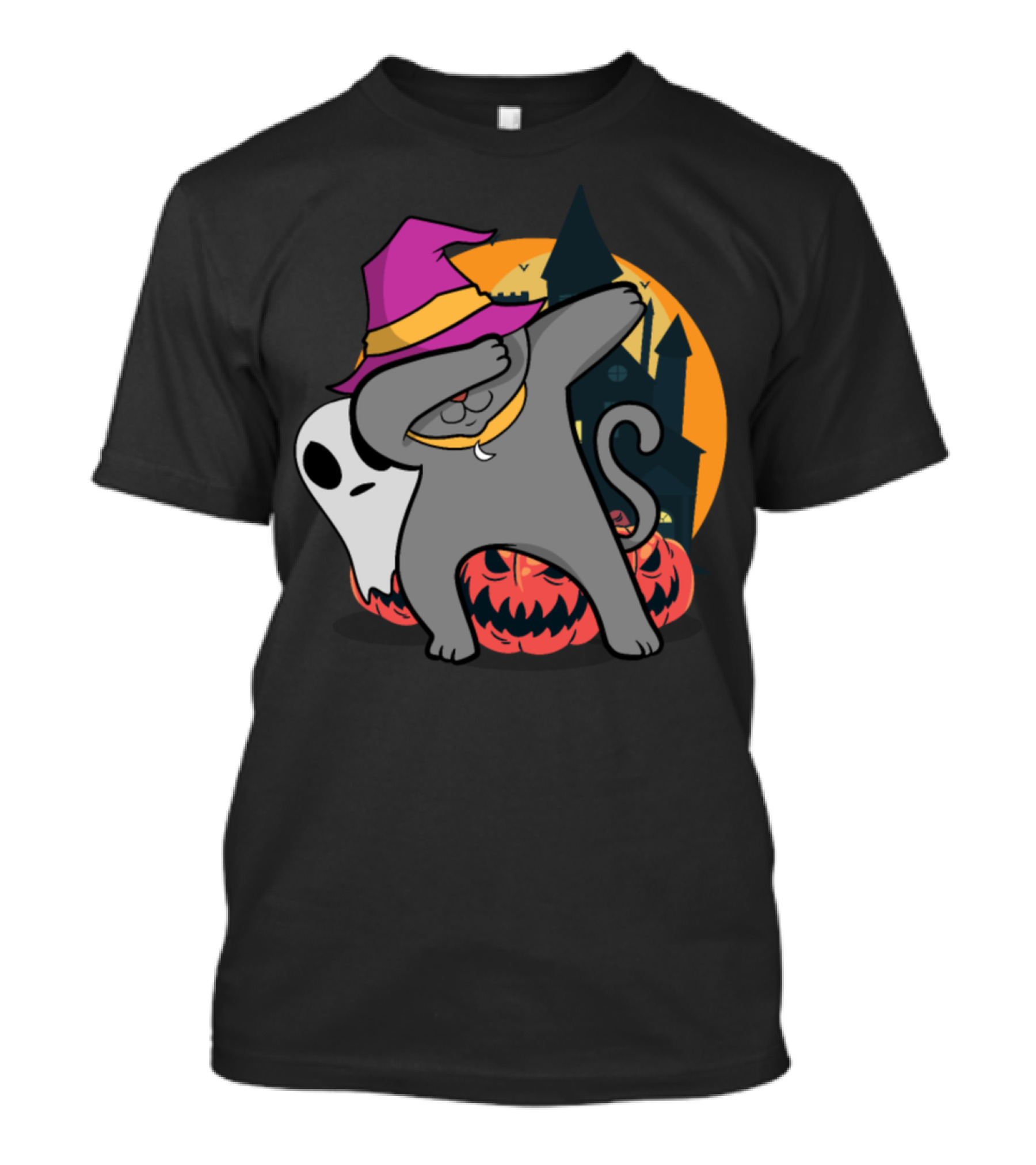 Halloween Dabbing Cat Witch With Pumpkins And Ghost T-Shirt