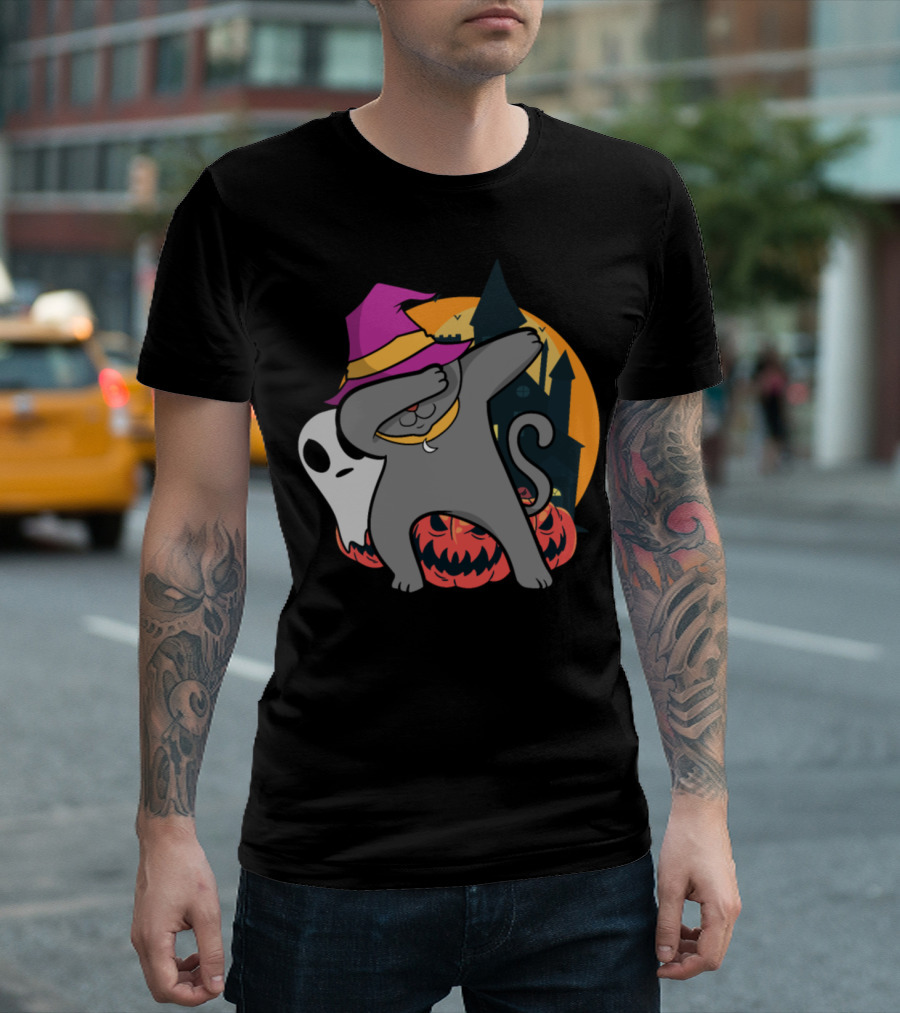Halloween Dabbing Cat Witch With Pumpkins And Ghost T-Shirt