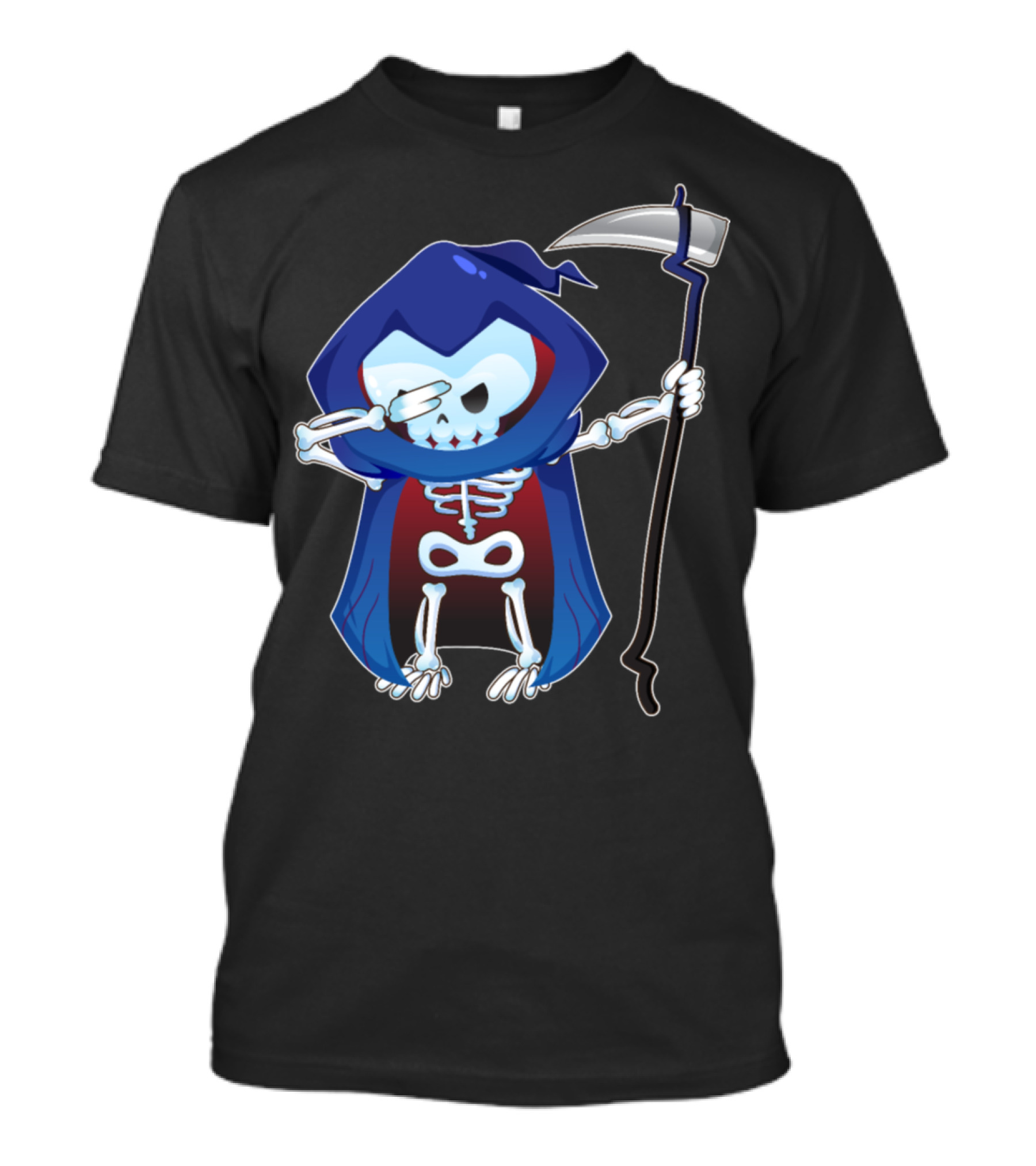 Grim Reaper Skeleton Dabbing With Scythe In Blue Cloak T-Shirt