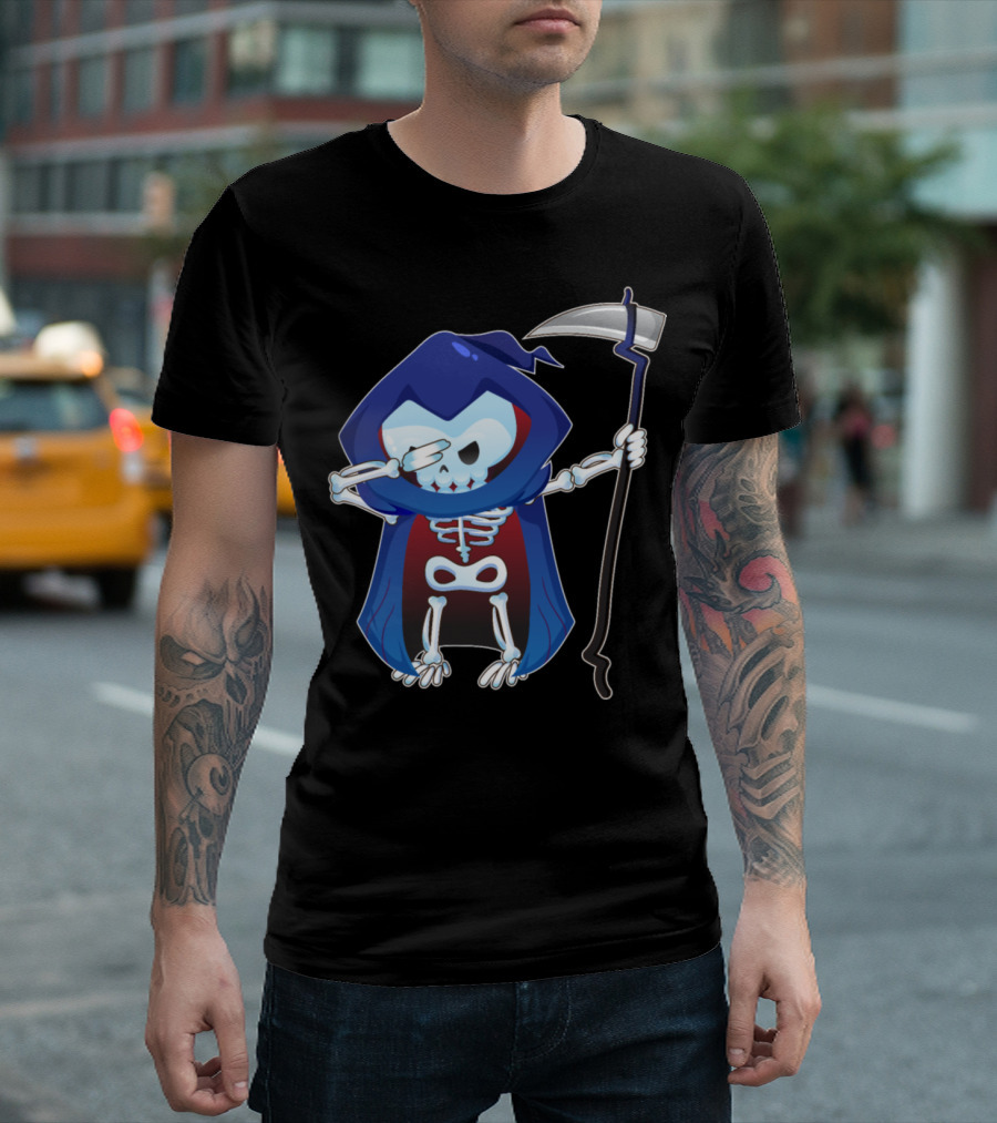Grim Reaper Skeleton Dabbing With Scythe In Blue Cloak T-Shirt
