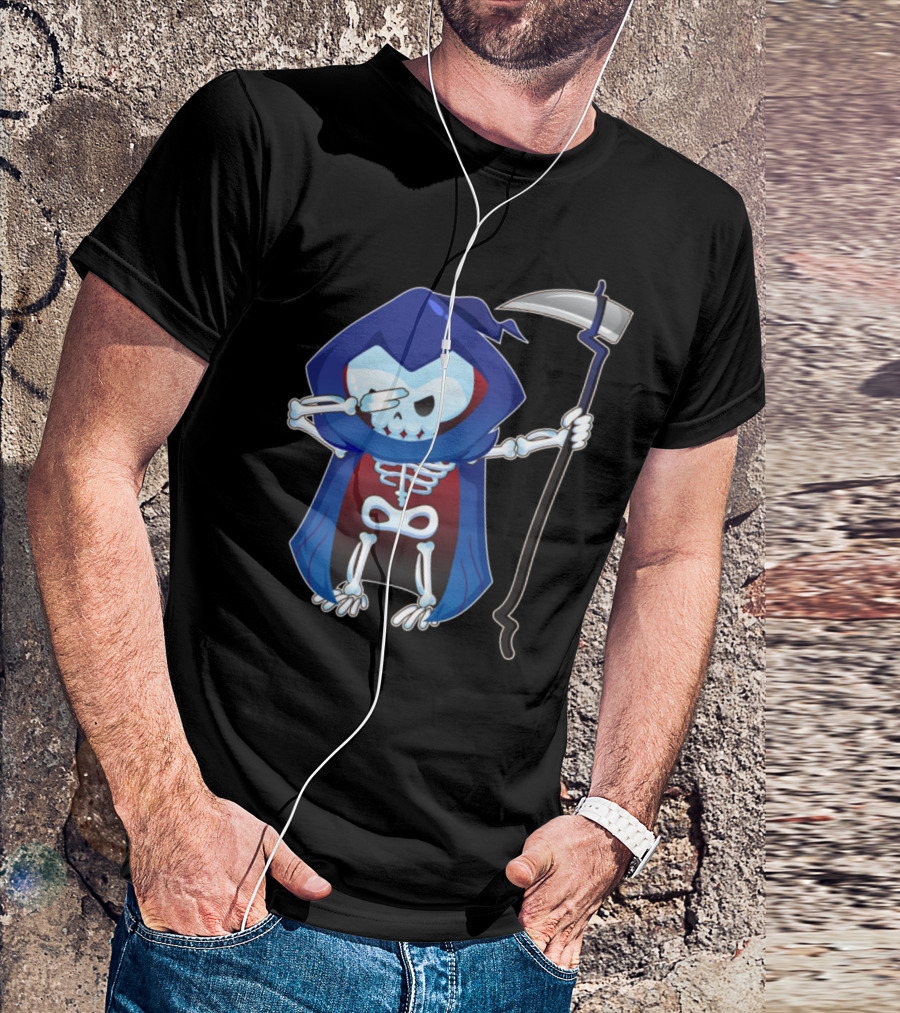 Grim Reaper Skeleton Dabbing With Scythe In Blue Cloak T-Shirt