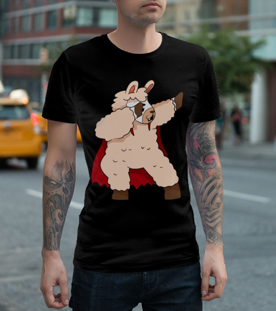 Superhero Dabbing Halloween Alpaca Llama In Red Cape T-Shirt