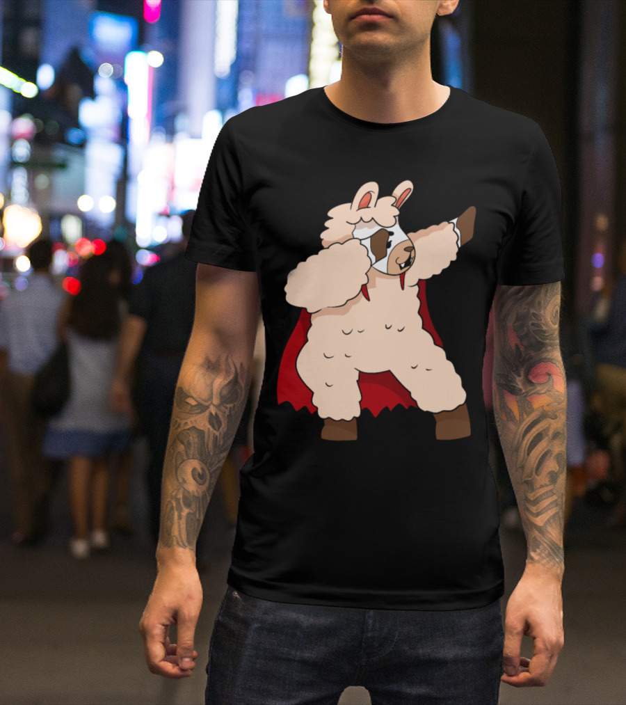 Superhero Dabbing Halloween Alpaca Llama In Red Cape T-Shirt