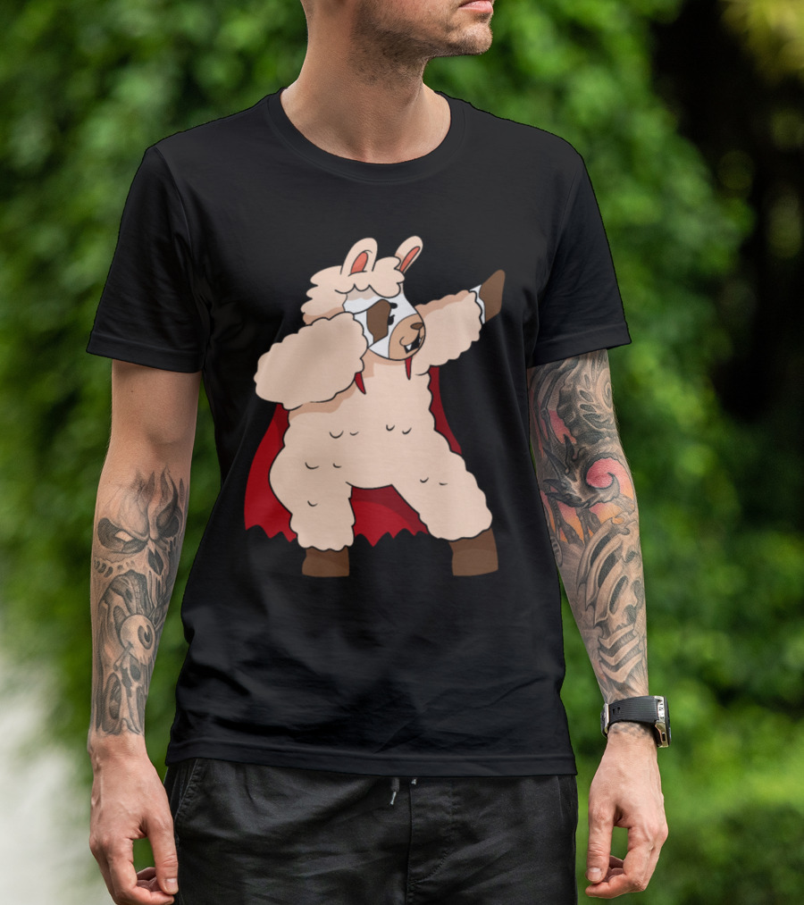 Superhero Dabbing Halloween Alpaca Llama In Red Cape T-Shirt