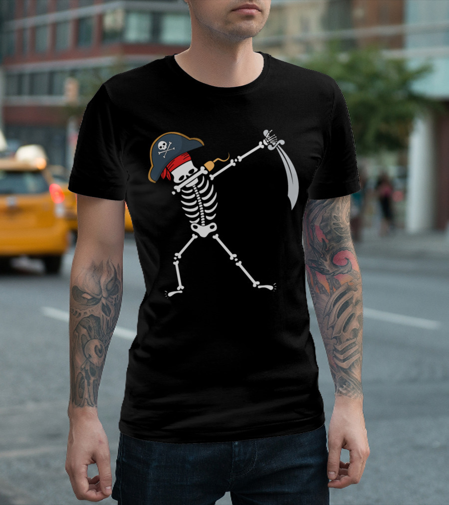 Dabbing Pirate Skeleton With Hat And Sword Classic Skull And Crossbones T-Shirt